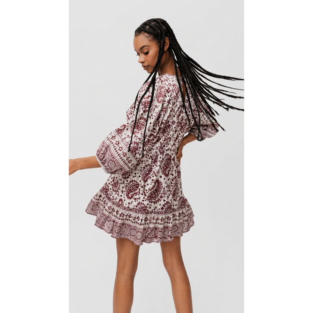 Cleobella Magdalena Mini Dress paisley block print Sz S Tassels Boho Coastal
